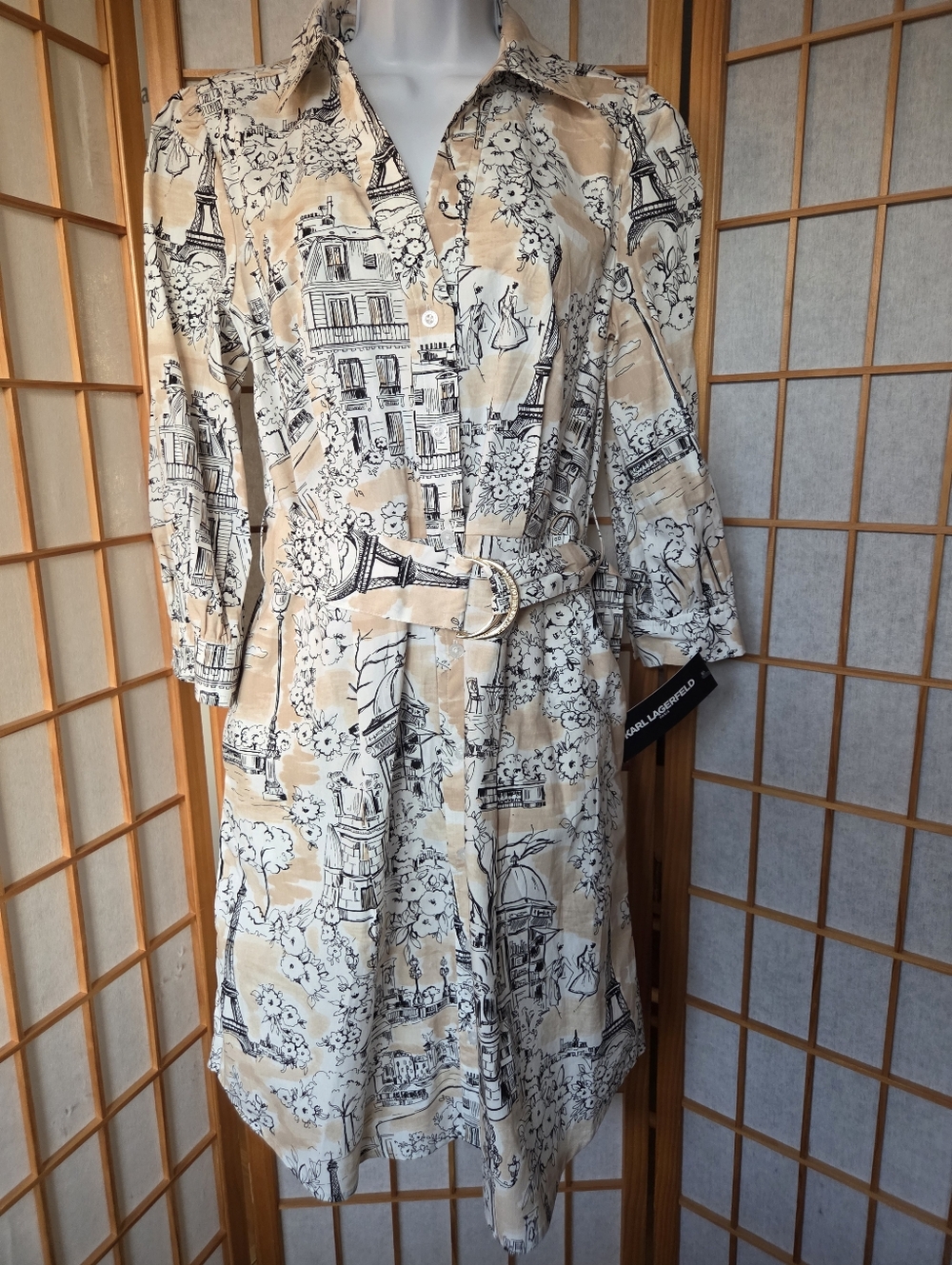 NWT KARL LAGERFELD PARIS PRINT COTTON 3/4 SLEEVE & BUTTONS BELTED SHIRT DRESS 8